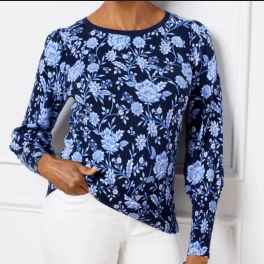 Talbots Bishop Sleeve Sweater Blue Floral
